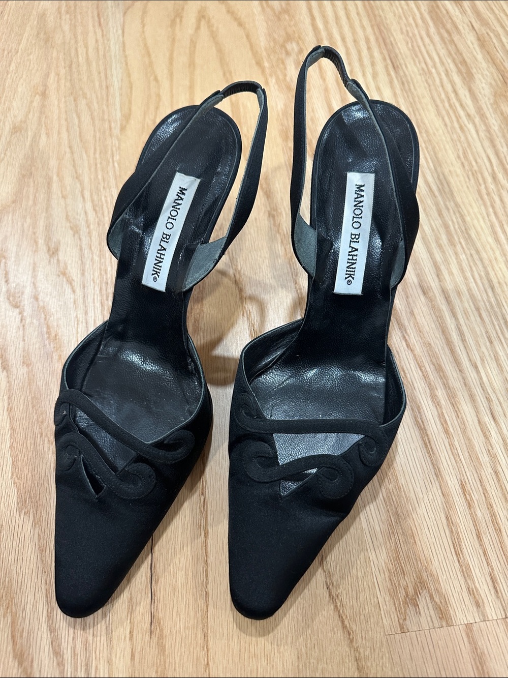 Manolo Blahnik Black Pointed Toe Slingback Heels with Decorative Vamp